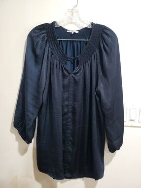 Violet + Claire Dark Navy Satin Blouse 2X | Flowy Peasant Top